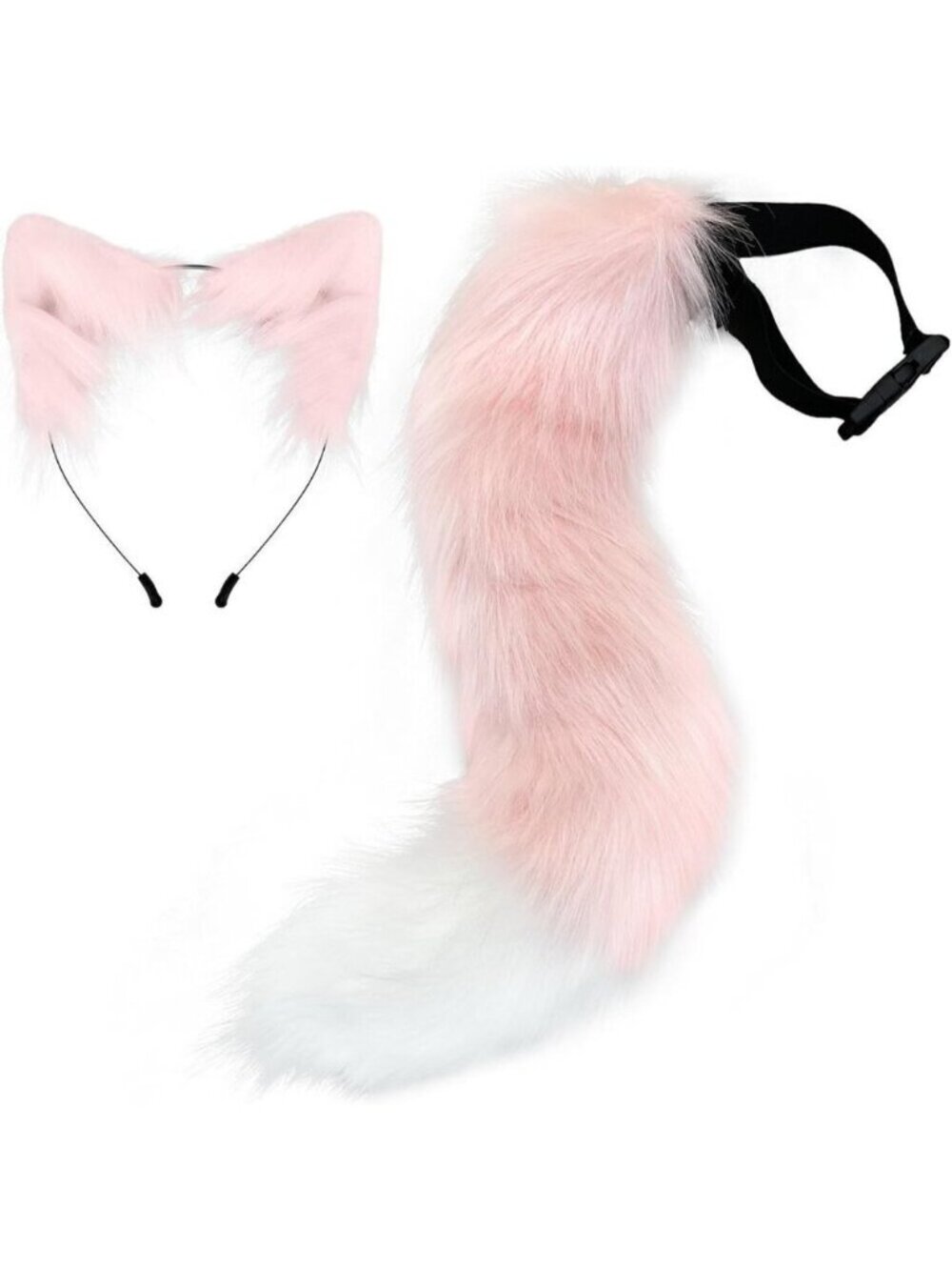🆕 Halloween Pink Faux Fur Cat Fox Ears Headband Wolf Tail Party Costume Adult